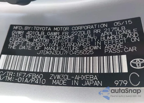 2015 Toyota Prius Three from USA, damaged, VIN JTDKN3DU7F0455025